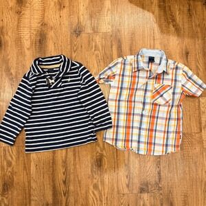 Nautica Boys 3T Shirt Bundle Navy Striped Rugby Pullover & Plaid Button Down
